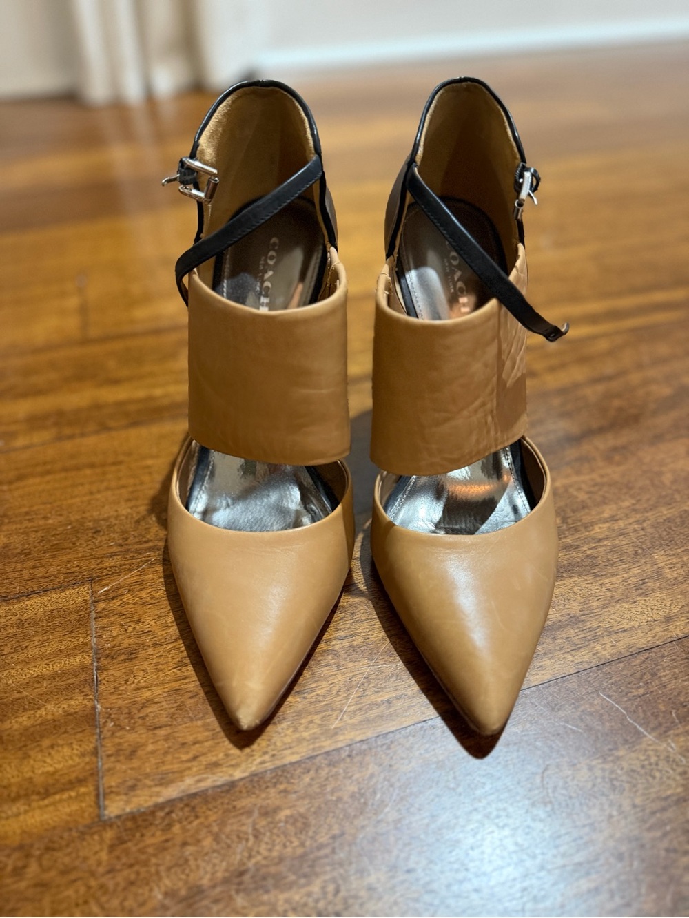 Coach Two-Tone Tan and Black Pointed Pump with Ankle Straps